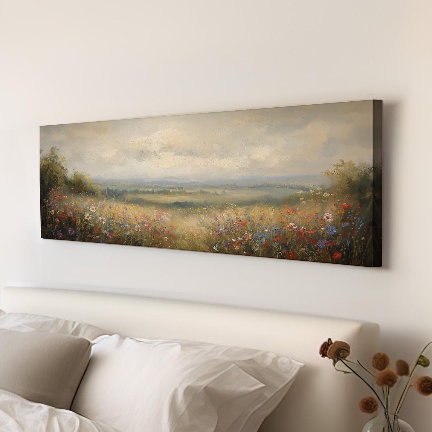 Colorful Flowers Spring Meadow Panoramic Wildflower Field, Minimal Muted Landscape Canvas Print, English Countryside Printed Canvas Art