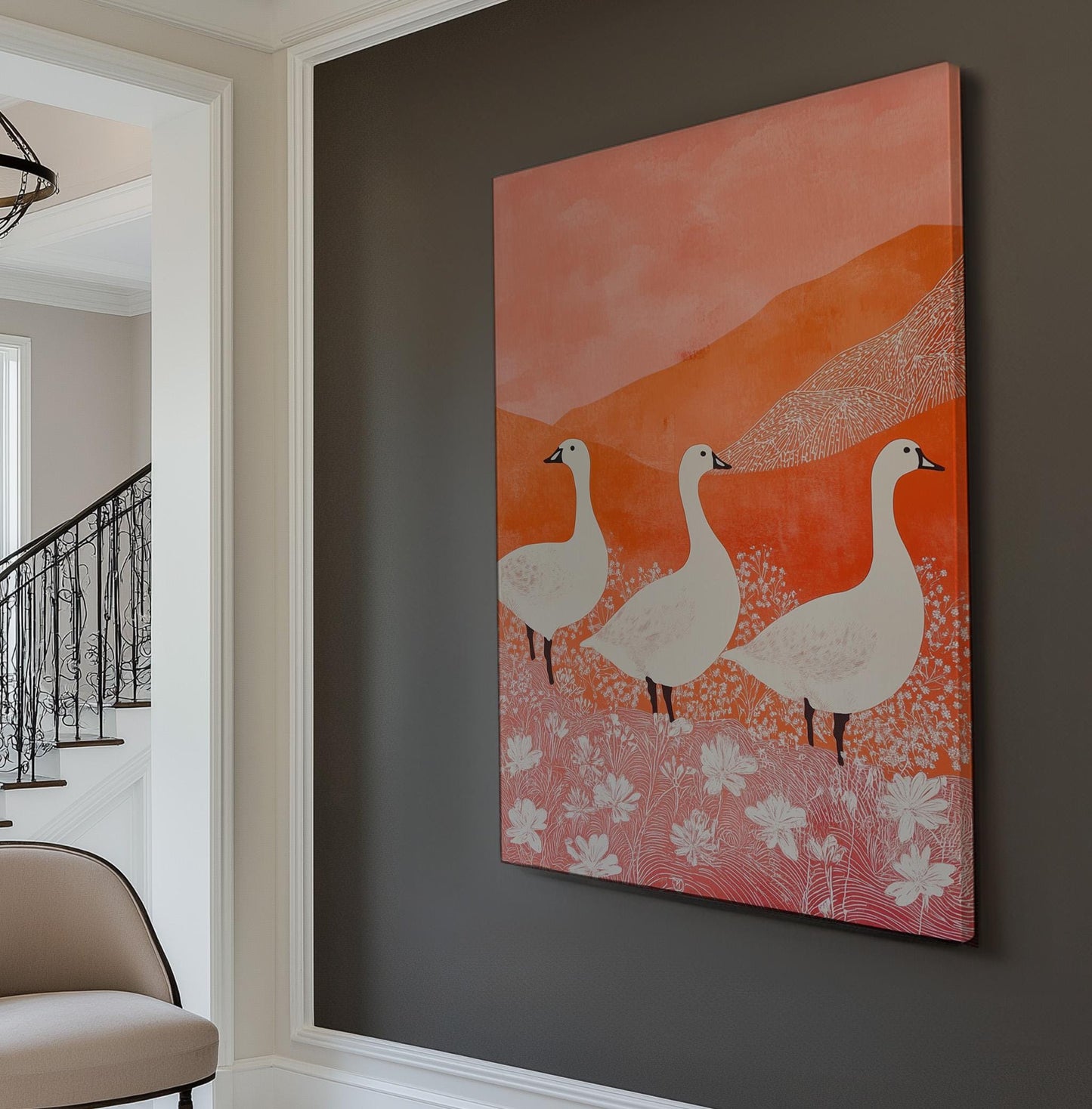 Orange Toned Landscape Vertical Geese on the Field, Vintage Vintage Nature Canvas Print, Folk Art Printed Canvas Art