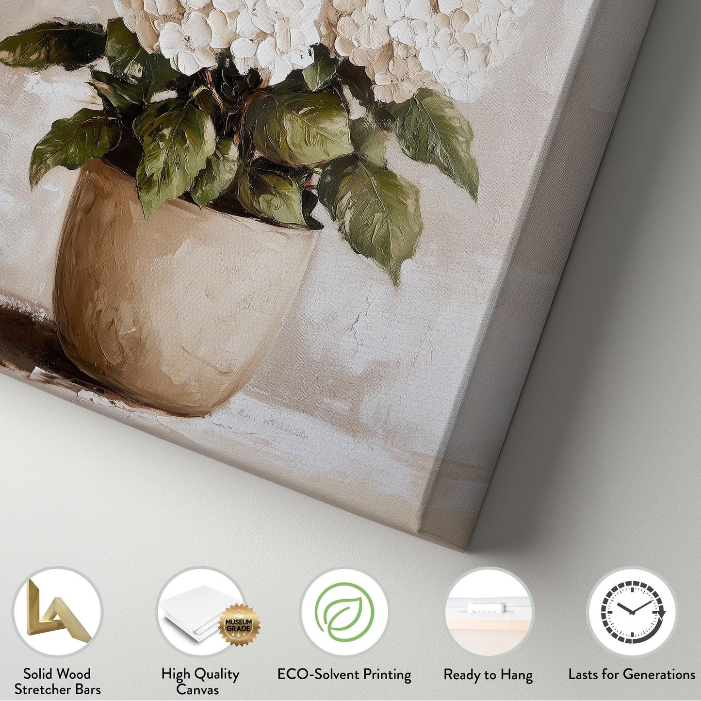 Rustic White Hydrangeas Vertical Floral Still Life, Vintage Neutral Tones Canvas Print, Abstract Flower Printed Canvas Art