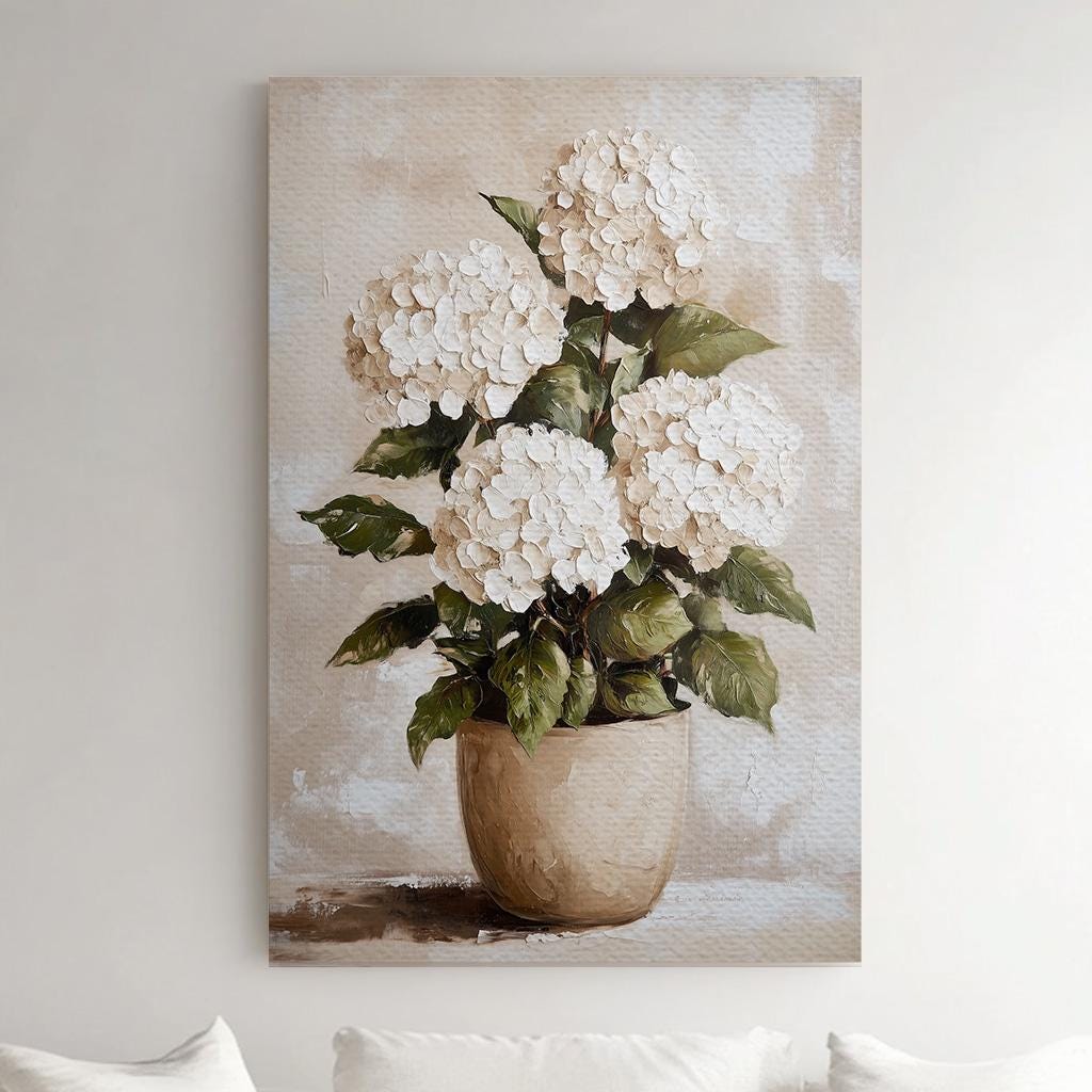Rustic White Hydrangeas Vertical Floral Still Life, Vintage Neutral Tones Canvas Print, Abstract Flower Printed Canvas Art