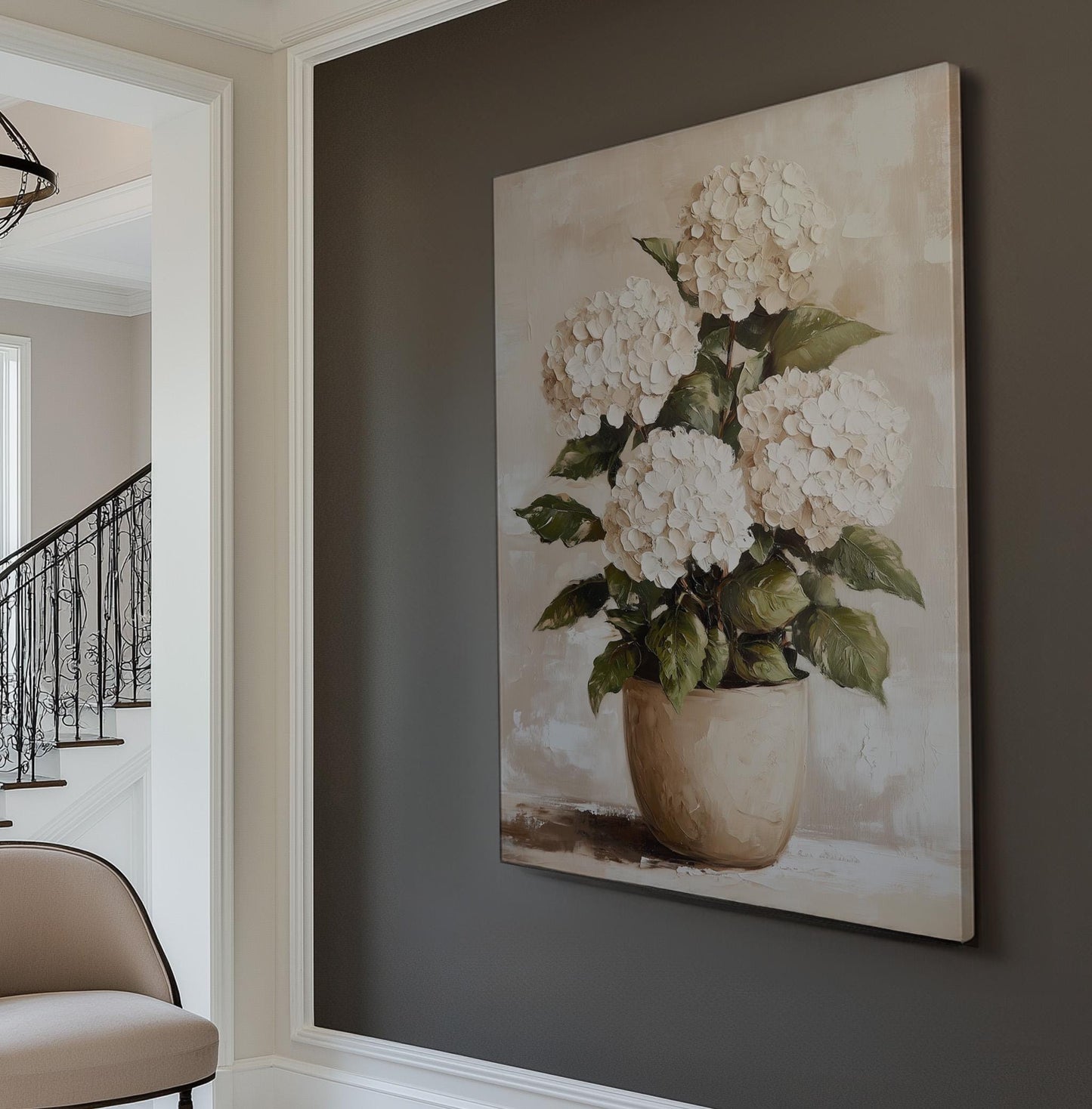 Rustic White Hydrangeas Vertical Floral Still Life, Vintage Neutral Tones Canvas Print, Abstract Flower Printed Canvas Art