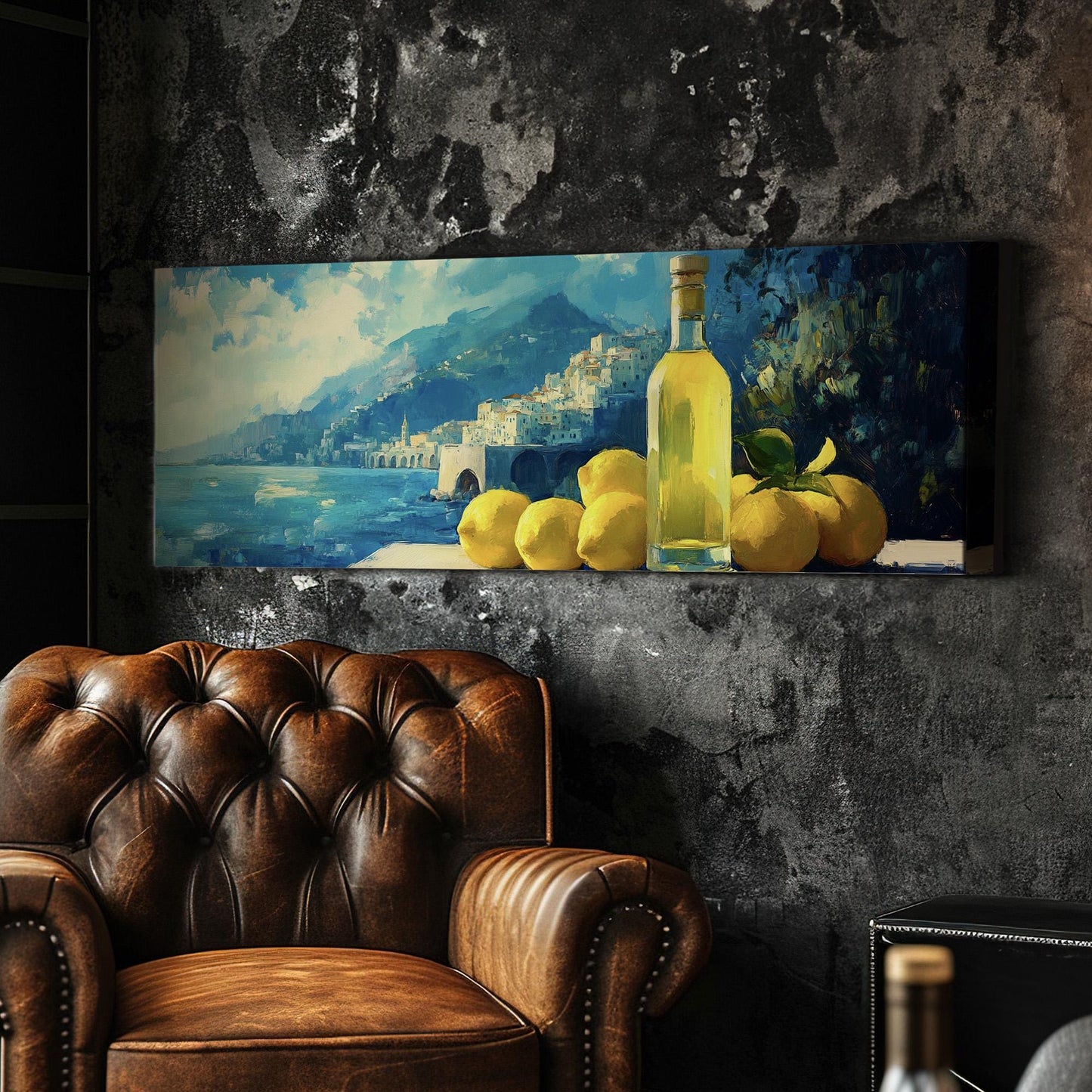 Amalfi Coast Limoncello Panoramic Farmhouse Kitchen, Minimal Citrus Colors Canvas Print, Lemon Printed Canvas Art