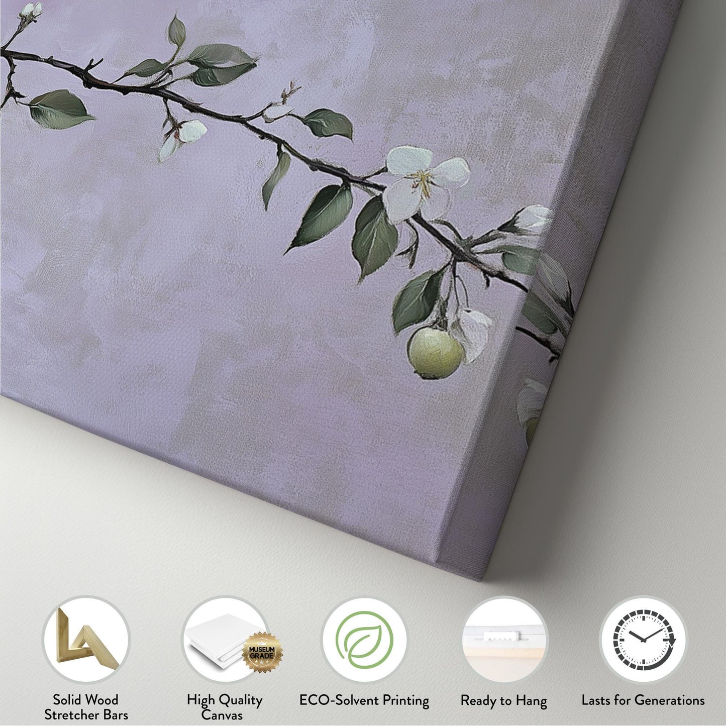 Spring Apple Blossom Branch Panoramic Purple Lights, Minimal Farmhouse Country Canvas Print, Nature Bloom Printed Canvas Art