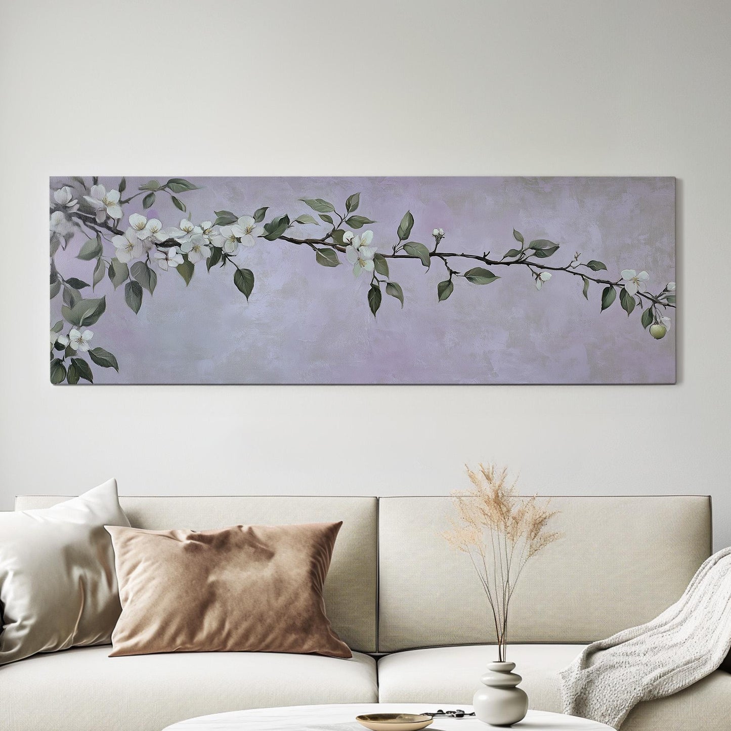 Spring Apple Blossom Branch Panoramic Purple Lights, Minimal Farmhouse Country Canvas Print, Nature Bloom Printed Canvas Art