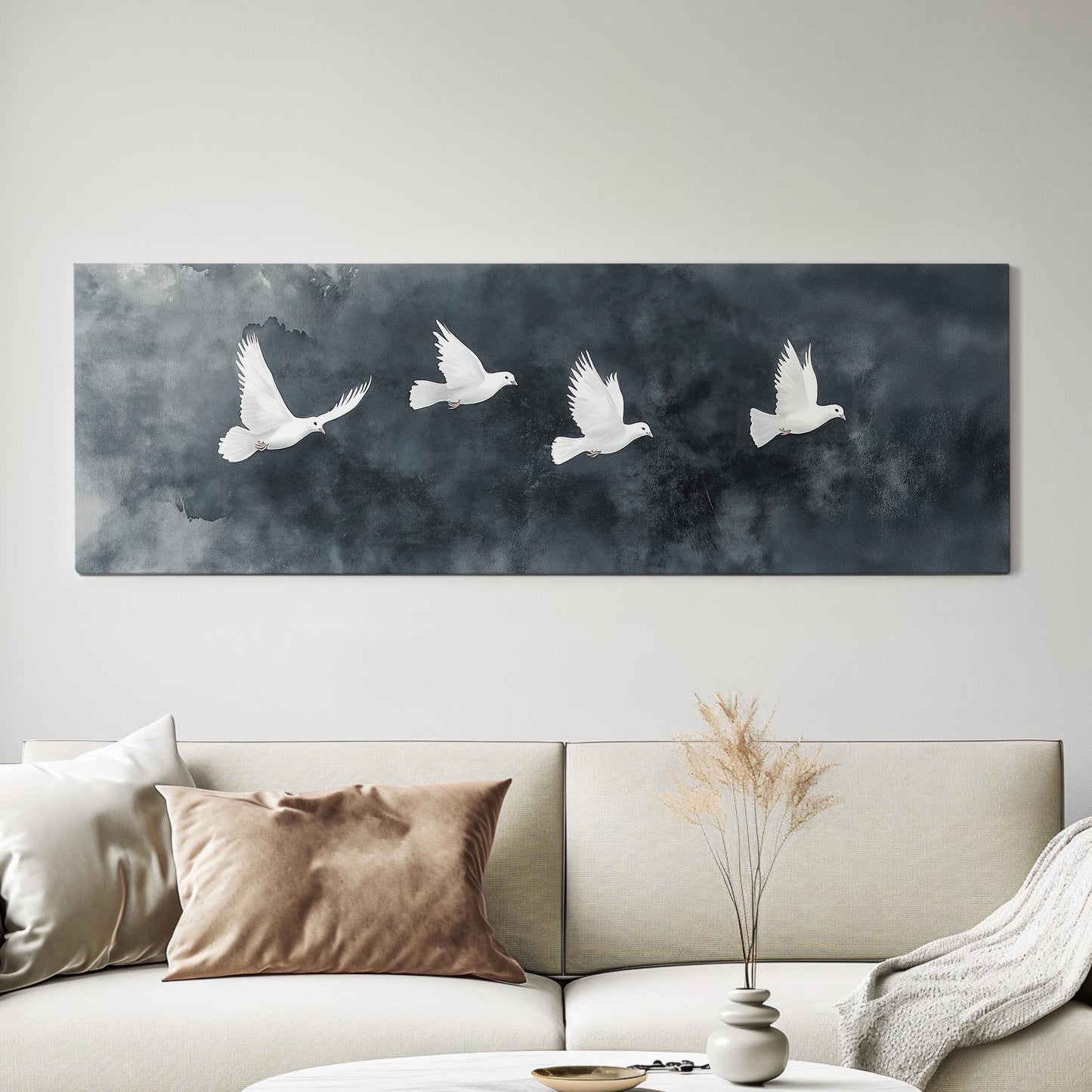 Flock of White Doves Panoramic Peaceful Night, Minimal Flying Bird Canvas Print, The long Travel Printed Canvas Art
