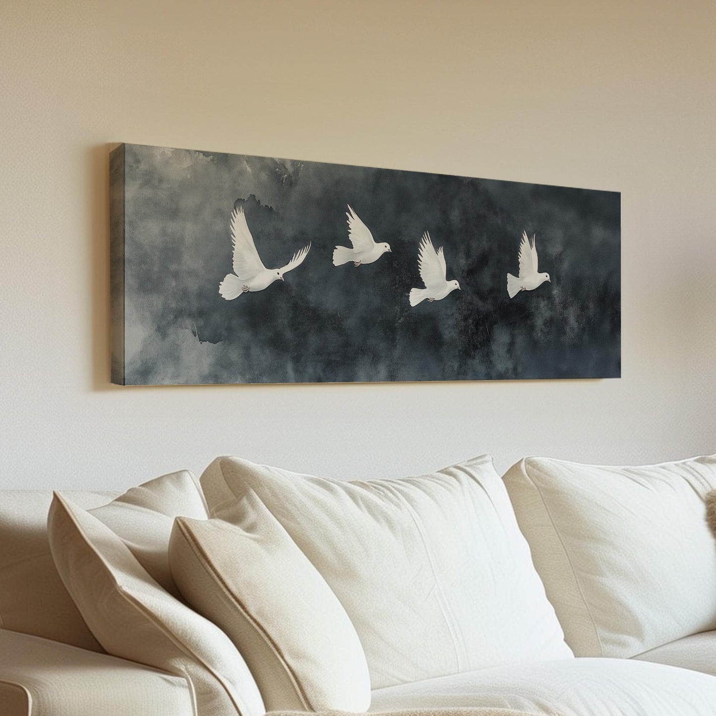 Flock of White Doves Panoramic Peaceful Night, Minimal Flying Bird Canvas Print, The long Travel Printed Canvas Art