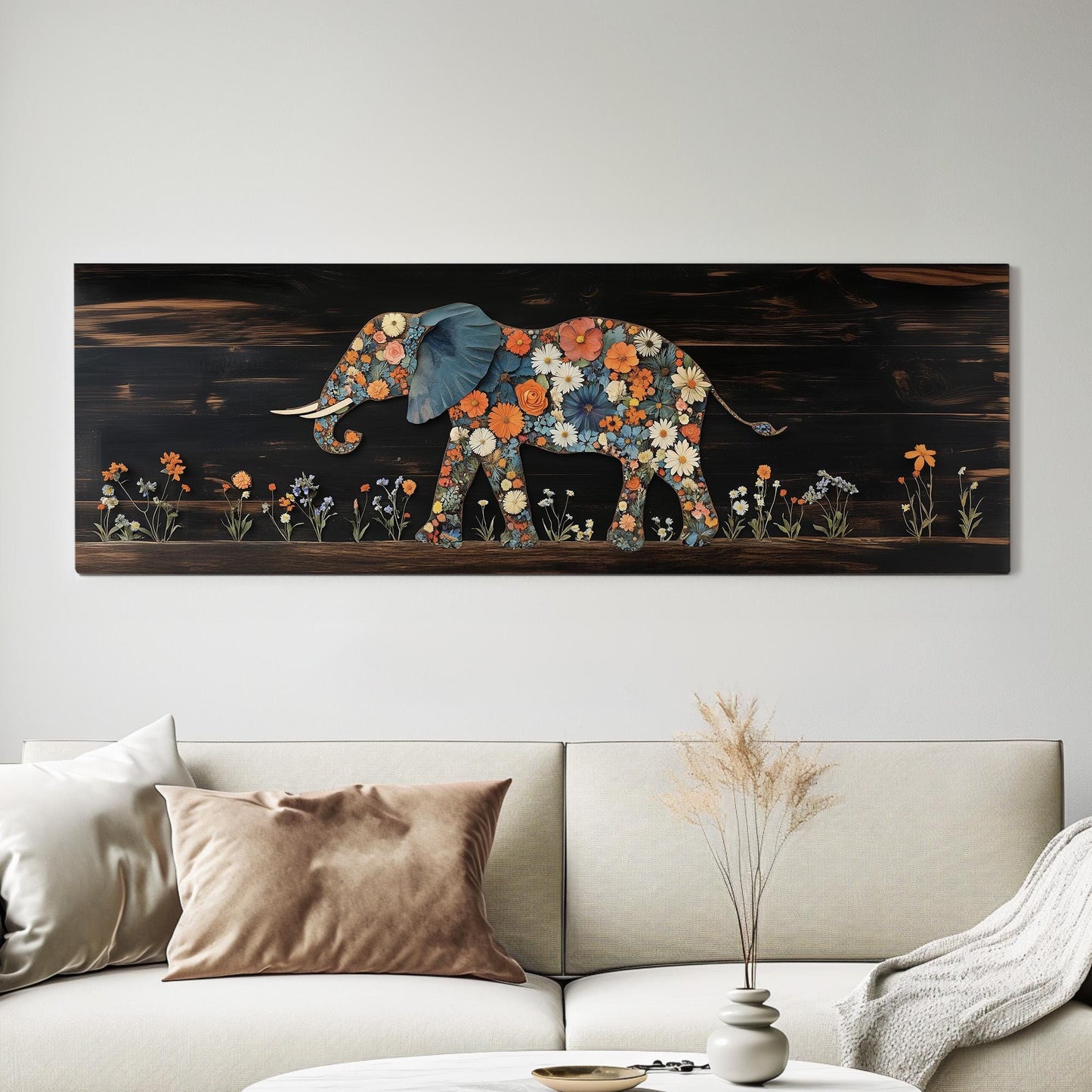 Floral Wood Elephant Panoramic African Elephant, Minimal Animal Lover Canvas Print, Boho Japandi Printed Canvas Art