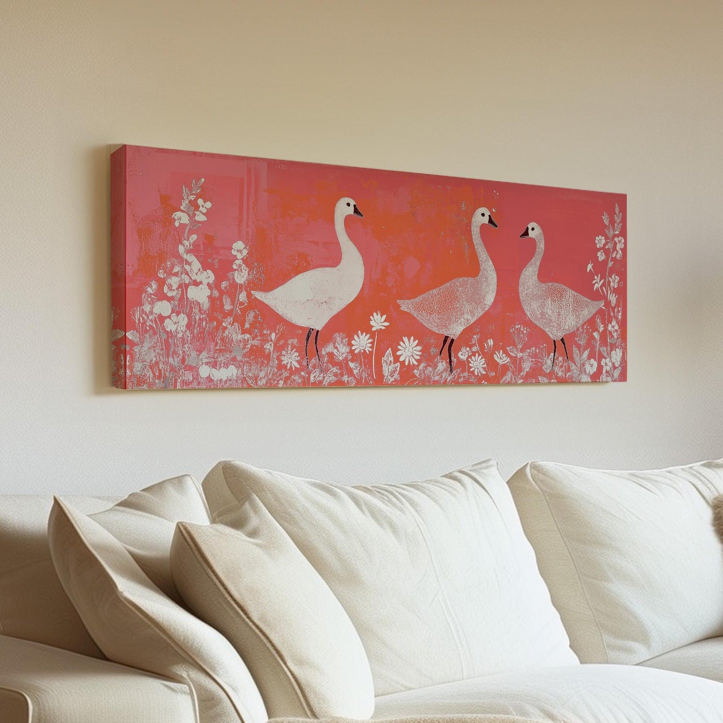 Geese With Wildflowers Panoramic Orange Toned, Minimal Vintage Nature Canvas Print, Folk Art Printed Canvas Art