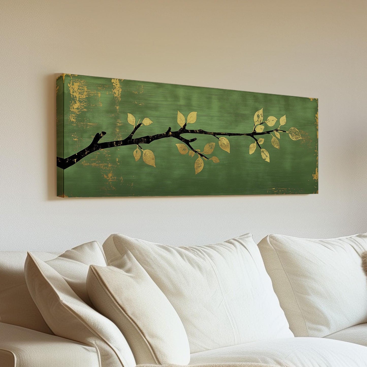 Golden Apple Branch Panoramic Green Moody, Minimal Farmhouse Country Canvas Print, Nature Bloom Printed Canvas Art