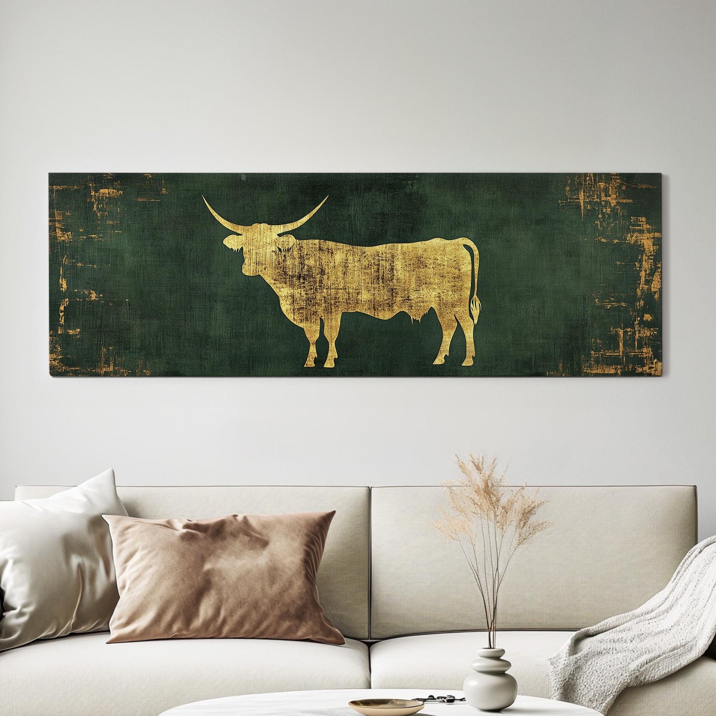 Green And Gold Texas Longhorn Panoramic Farmhouse, Minimal Country Charm Canvas Print, Vintage Ranch Printed Canvas Art