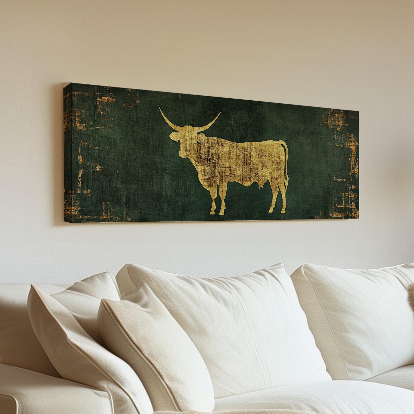 Green And Gold Texas Longhorn Panoramic Farmhouse, Minimal Country Charm Canvas Print, Vintage Ranch Printed Canvas Art