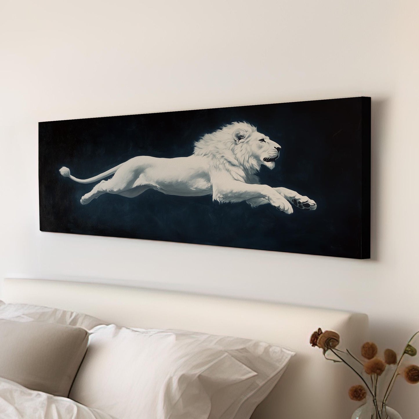 Majestic White Lion Panoramic Rustic, Minimal Wild Serenity Canvas Print, Moody Minimal Printed Canvas Art