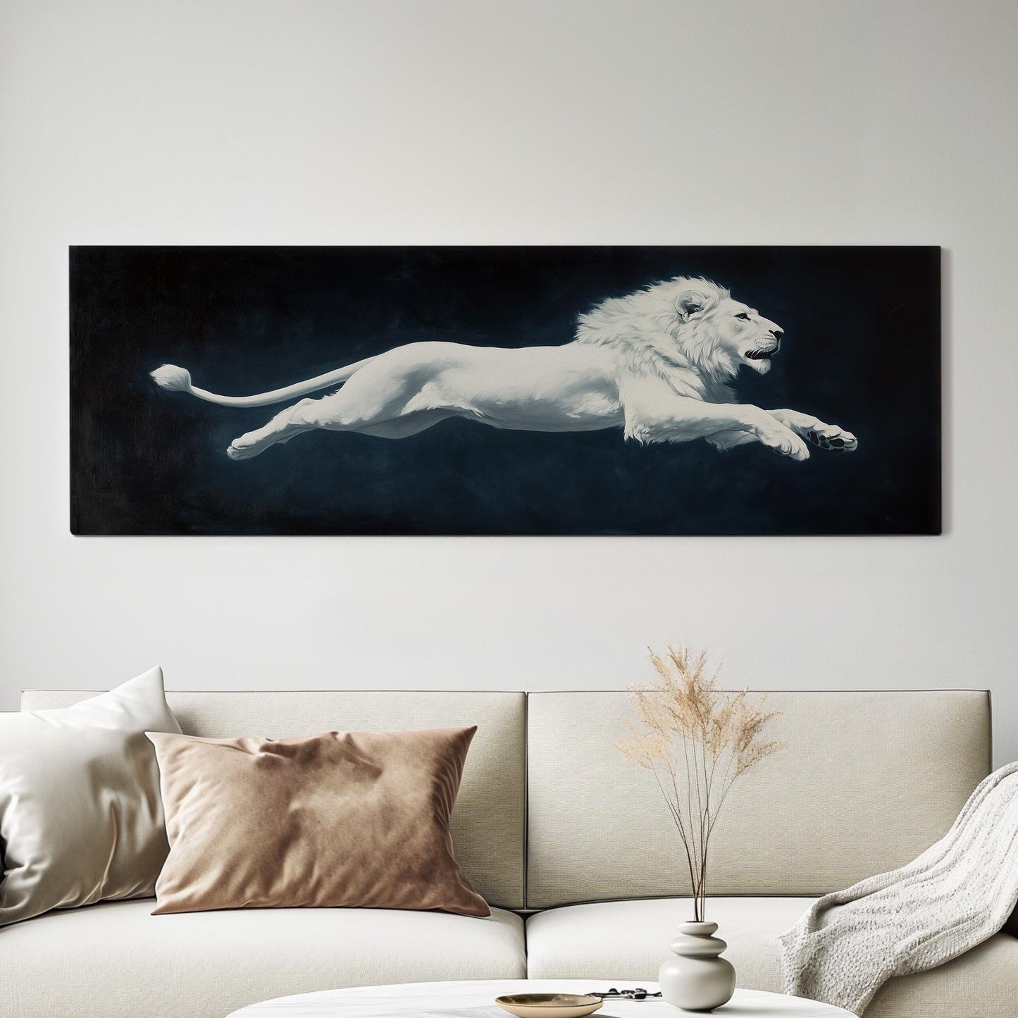Majestic White Lion Panoramic Rustic, Minimal Wild Serenity Canvas Print, Moody Minimal Printed Canvas Art