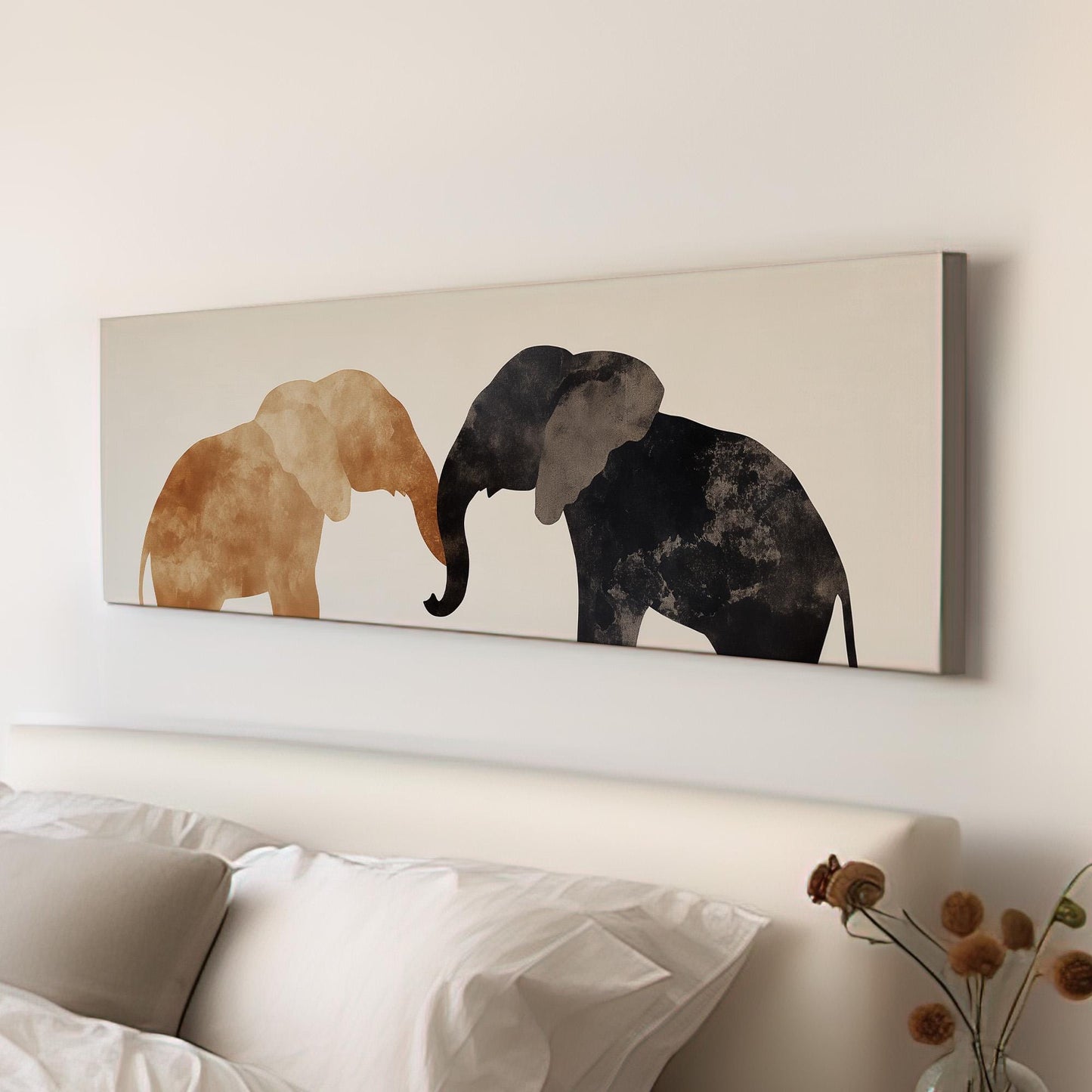 Minimal Elephant Couple Panoramic African Elephant, Minimal Animal Lover Canvas Print, Boho Japandi Printed Canvas Art