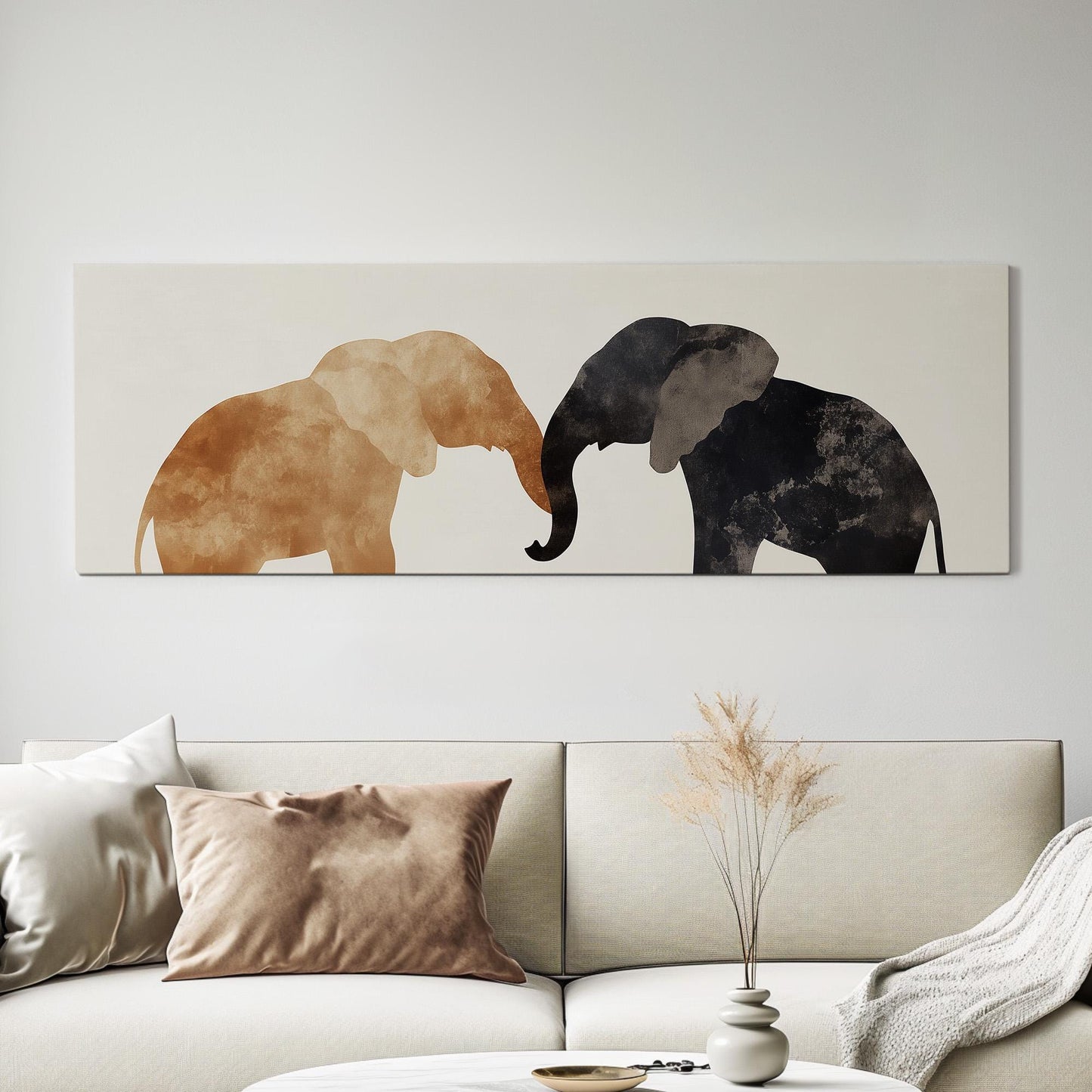 Minimal Elephant Couple Panoramic African Elephant, Minimal Animal Lover Canvas Print, Boho Japandi Printed Canvas Art
