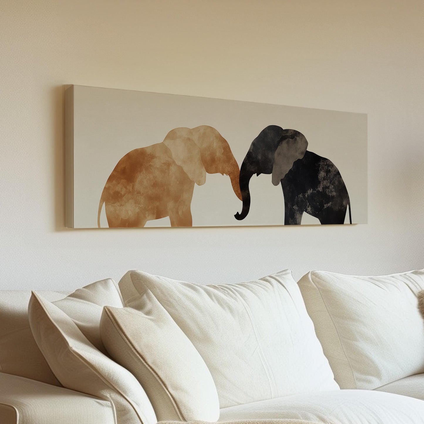 Minimal Elephant Couple Panoramic African Elephant, Minimal Animal Lover Canvas Print, Boho Japandi Printed Canvas Art