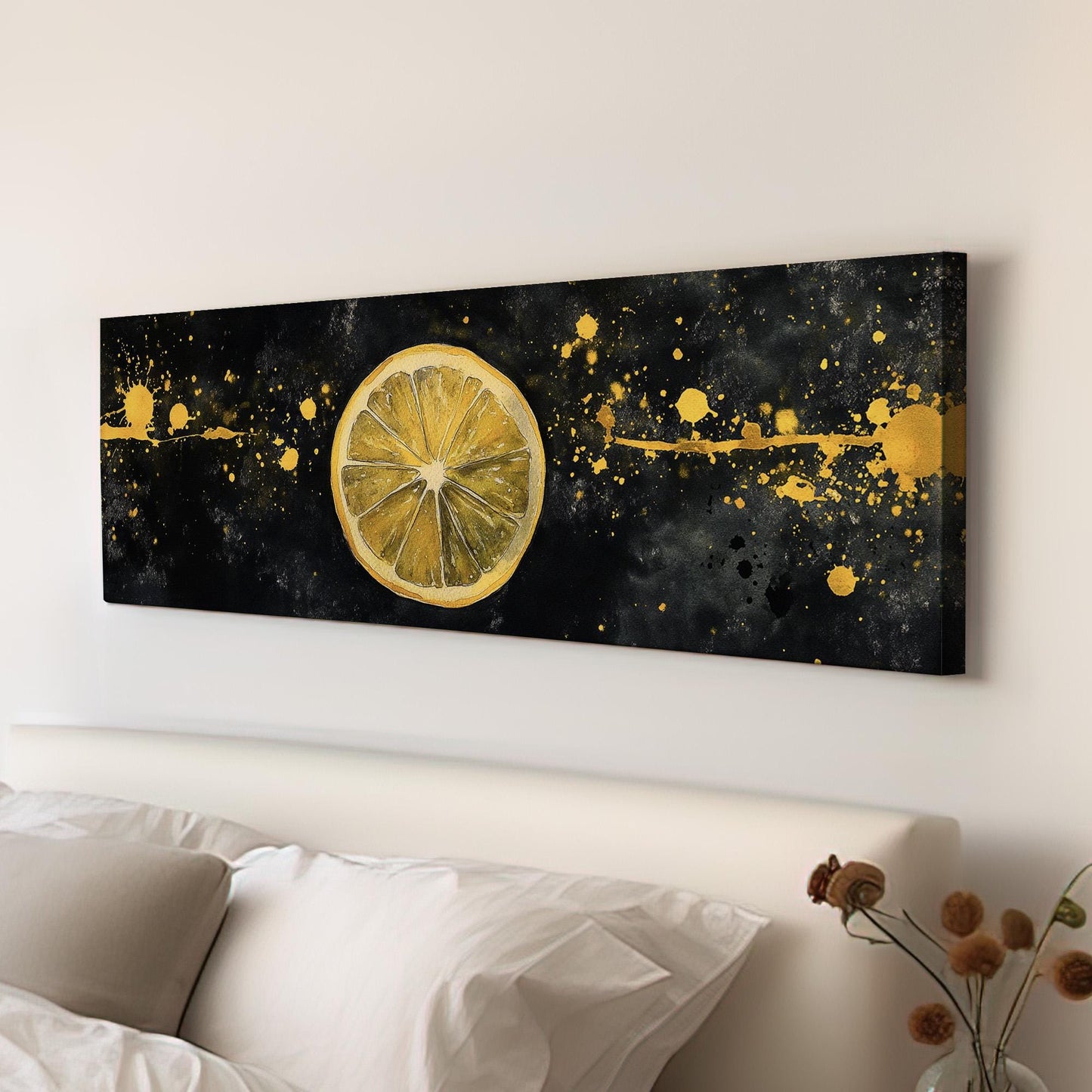 Minimal Lemon Slice Panoramic Farmhouse Kitchen, Minimal Citrus Colors Canvas Print, Country Art Printed Canvas Art