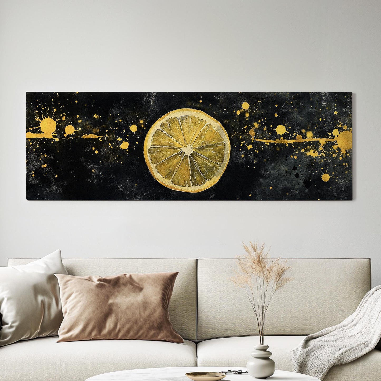 Minimal Lemon Slice Panoramic Farmhouse Kitchen, Minimal Citrus Colors Canvas Print, Country Art Printed Canvas Art