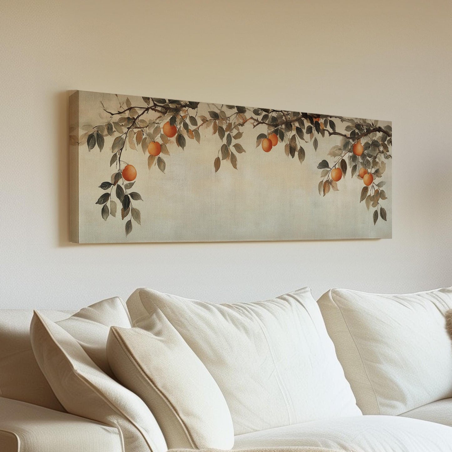 Moody Orange Branch Panoramic Fresh Citrus, Minimal Kitchen Wall Canvas Print, Country Style Printed Canvas Art