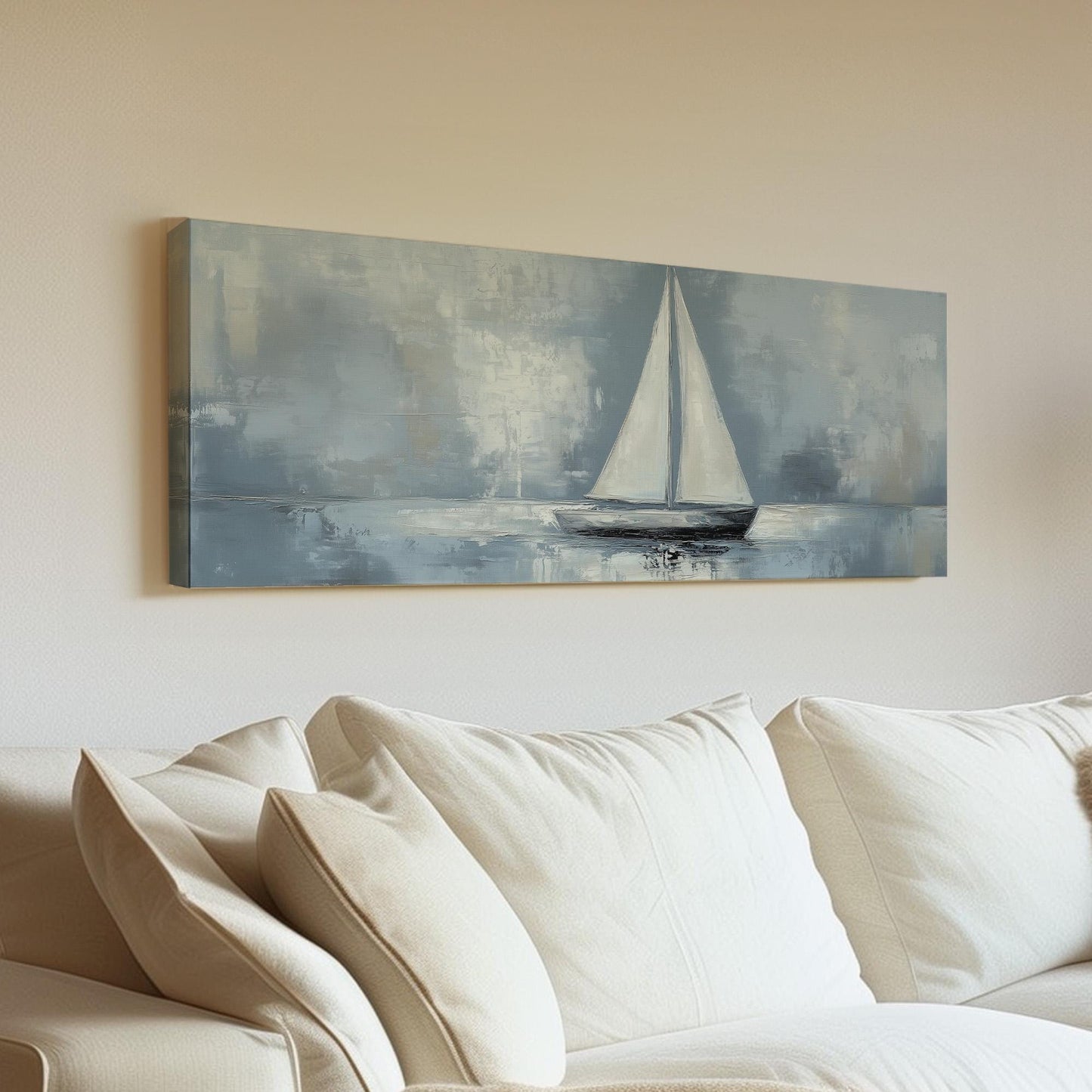 Moody Sailing Panoramic Sailboat Nautical, Minimal Rustic Sea Canvas Print, Maritime Calm Printed Canvas Art