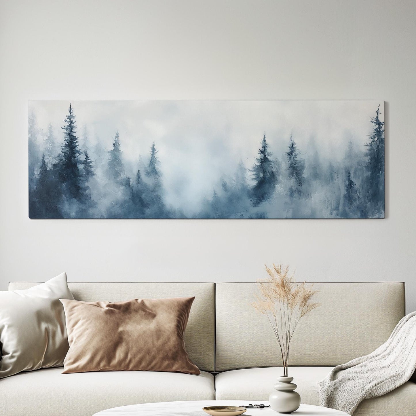 Mountain Pine Scene Panoramic Nature Beauty, Minimal Rustic Calm Canvas Print, Woodland Serenity Printed Canvas Art