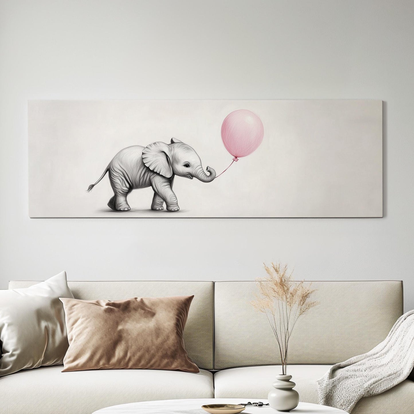 Nursery Elephant With a Balloon Panoramic African Elephant, Minimal Animal Lover Canvas Print, Boho Japandi Printed Canvas Art