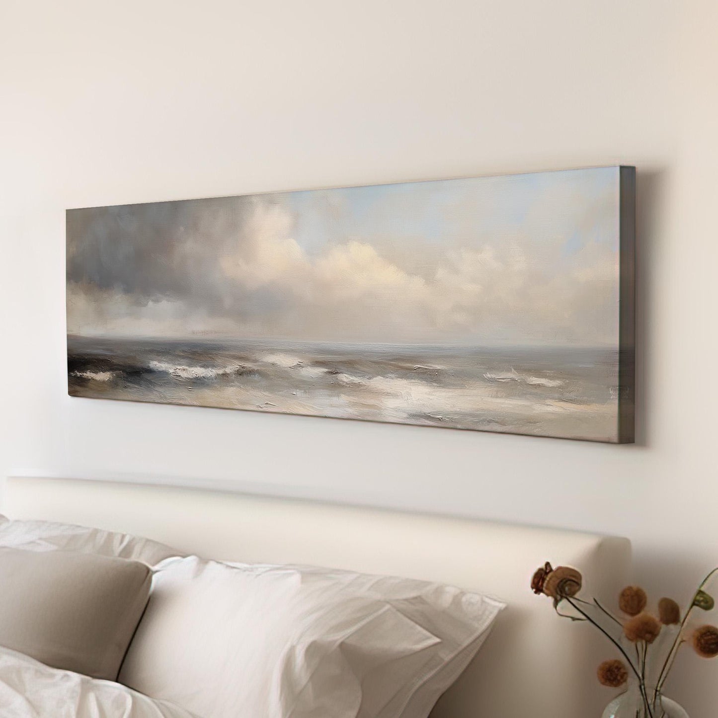 Rough Waves Panoramic Muted Beach, Minimal Nautical Art Canvas Print, Coastal Sunset Printed Canvas Art