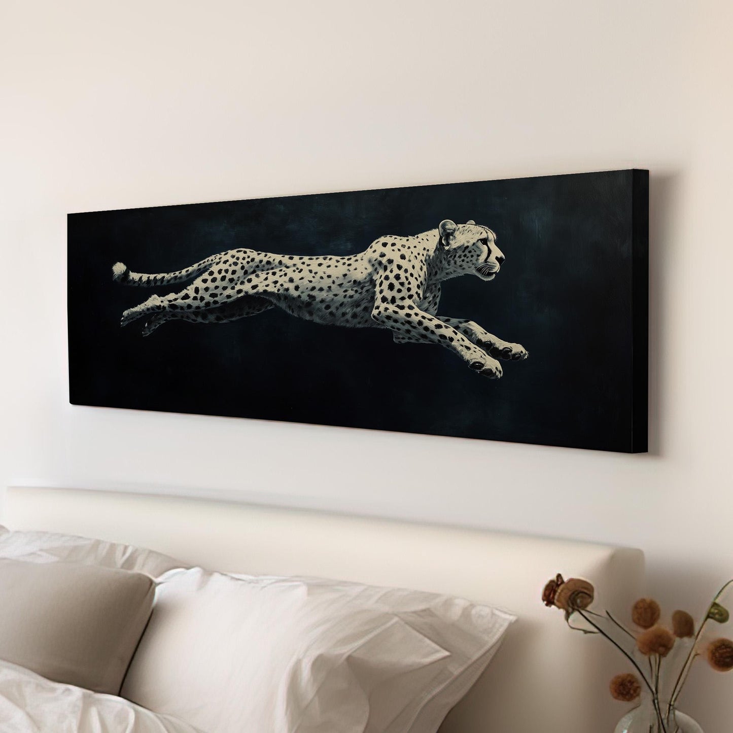 Running White Cheetah Panoramic Night Speed, Minimal Wilderness Charm Canvas Print, Dark Mood Printed Canvas Art