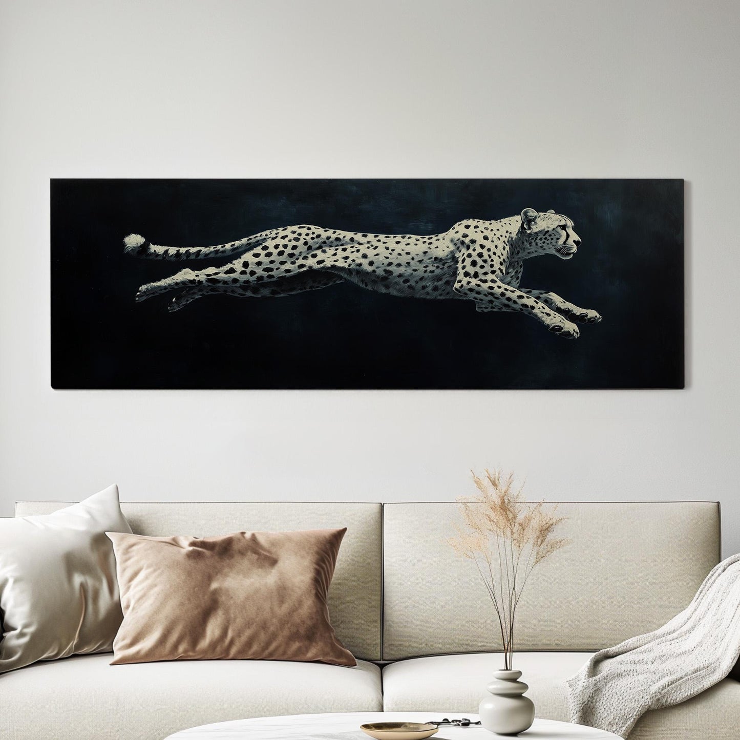 Running White Cheetah Panoramic Night Speed, Minimal Wilderness Charm Canvas Print, Dark Mood Printed Canvas Art