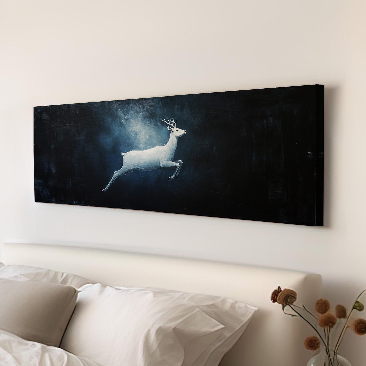 Running White Deer Panoramic Wild Serenity, Minimal Dark Horizon Canvas Print, Noble Beauty Printed Canvas Art