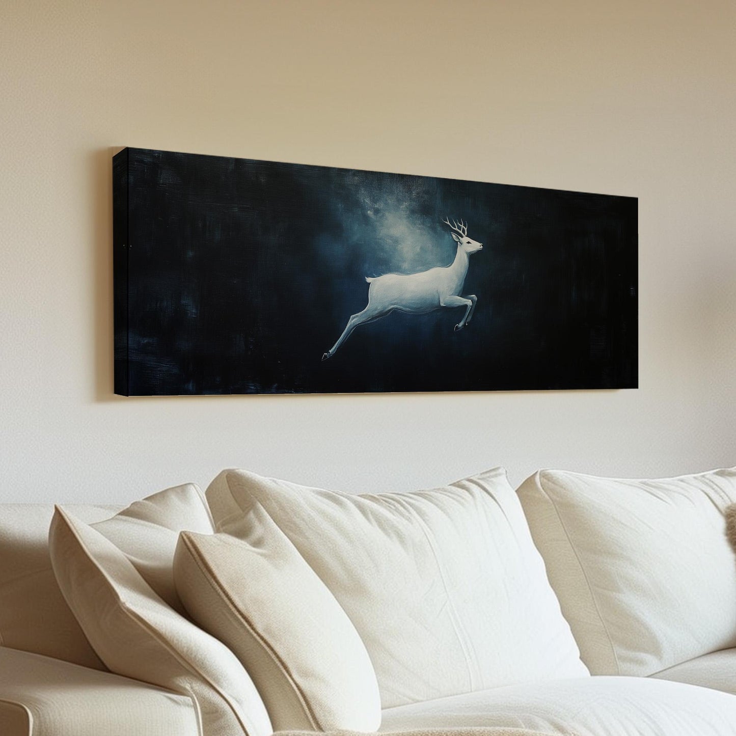 Running White Deer Panoramic Wild Serenity, Minimal Dark Horizon Canvas Print, Noble Beauty Printed Canvas Art