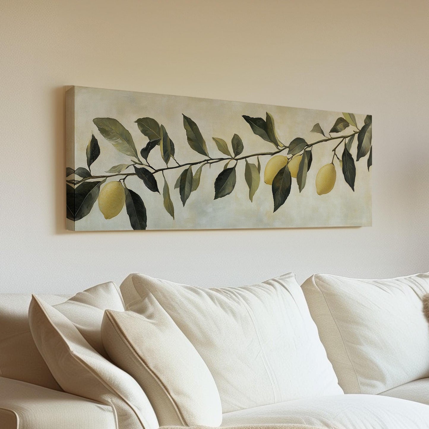 Rustic Lemon Branch Panoramic Farmhouse Kitchen, Minimal Citrus Decor Canvas Print, Country Art Printed Canvas Art