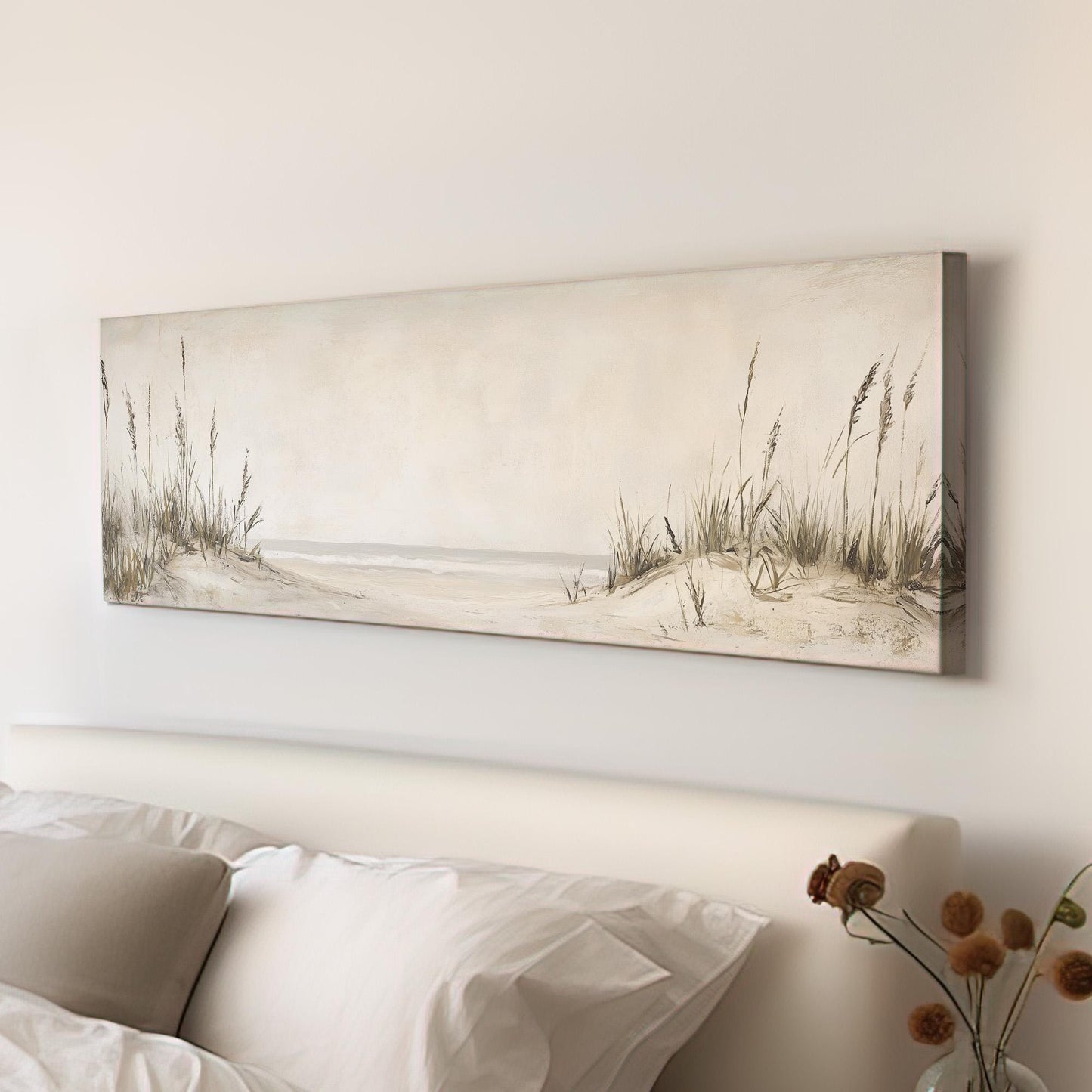 Sea Grass at the Beach Panoramic Muted Beach, Minimal Nautical Art Canvas Print, Sandy Coast Printed Canvas Art