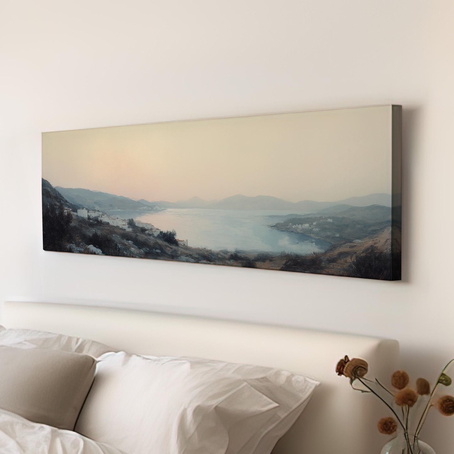 Vintage Mediterranean Panoramic Muted Seascape, Minimal Nautical Art Canvas Print, Coastal Sunset Printed Canvas Art