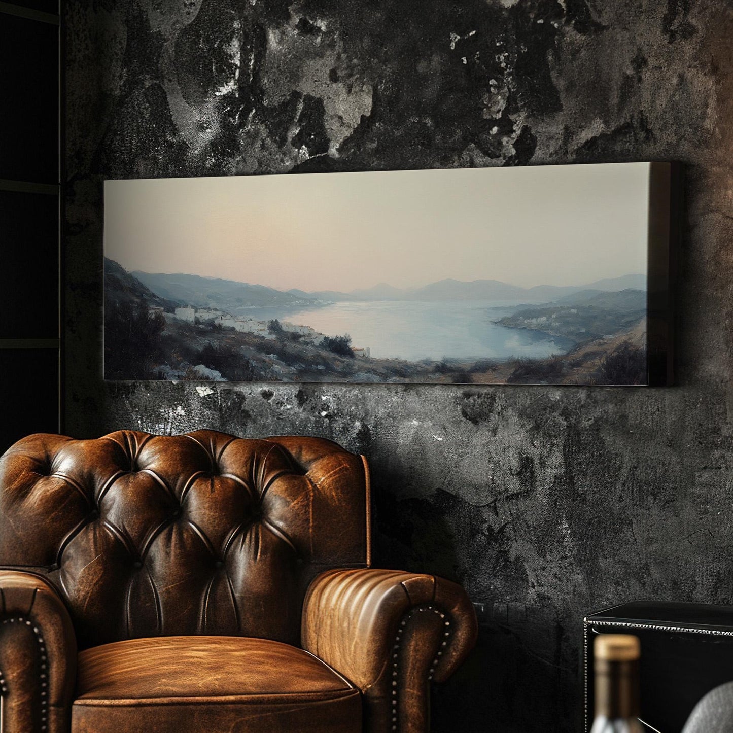 Vintage Mediterranean Panoramic Muted Seascape, Minimal Nautical Art Canvas Print, Coastal Sunset Printed Canvas Art