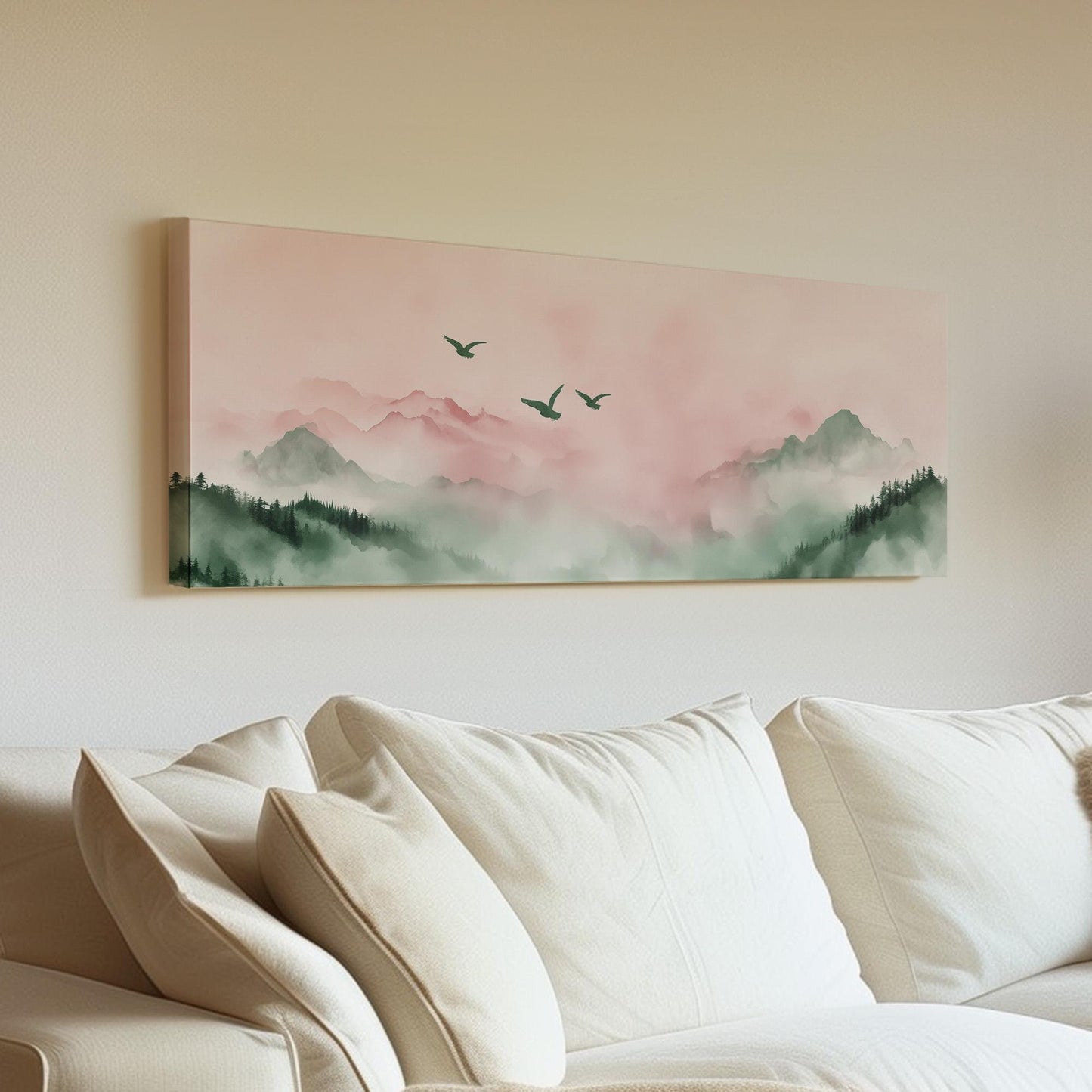 Watercolor Birds Above Mountains Panoramic Moody Vibes, Minimal Nature Calm Canvas Print, Bird Flock Printed Canvas Art
