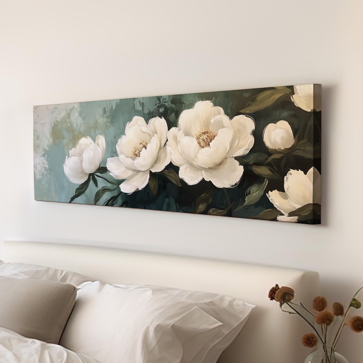 White Peonies Panoramic Abstract Peonies, Minimal Floral Charm Canvas Print, Green Farmhouse Printed Canvas Art