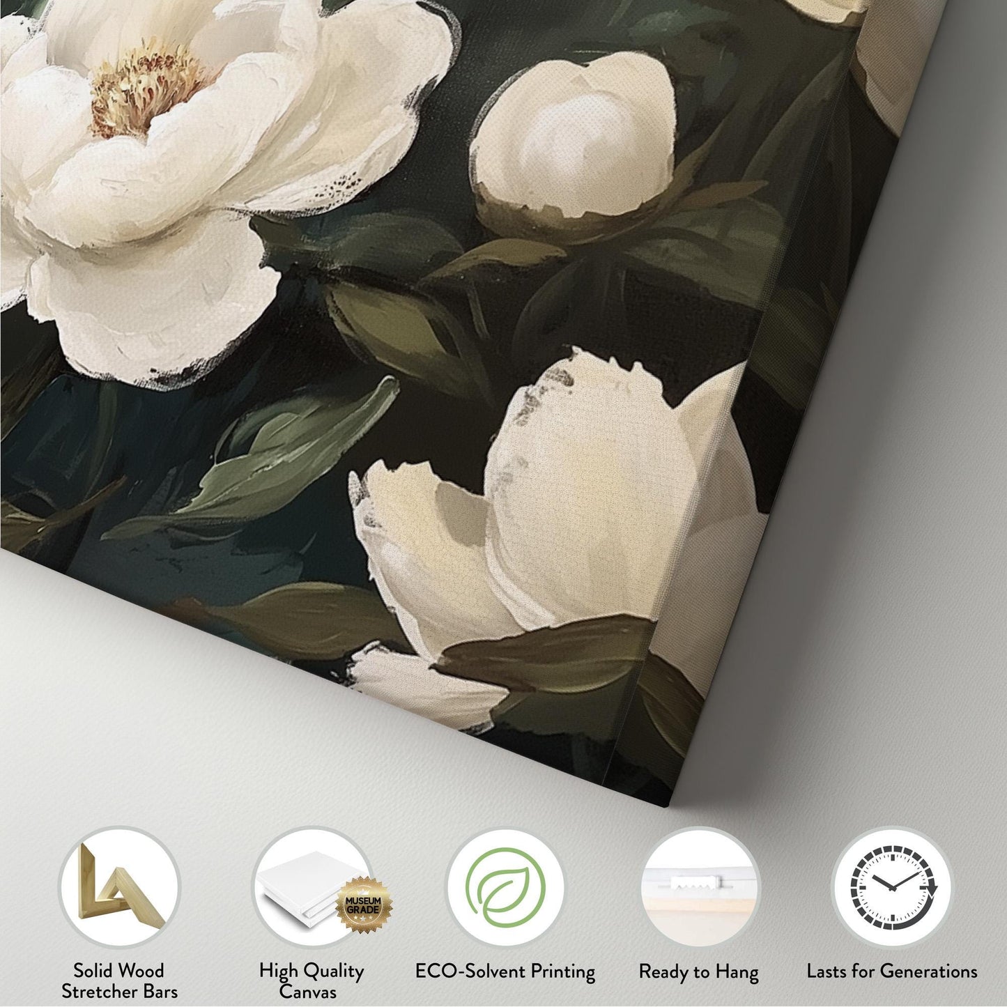 White Peonies Panoramic Abstract Peonies, Minimal Floral Charm Canvas Print, Green Farmhouse Printed Canvas Art