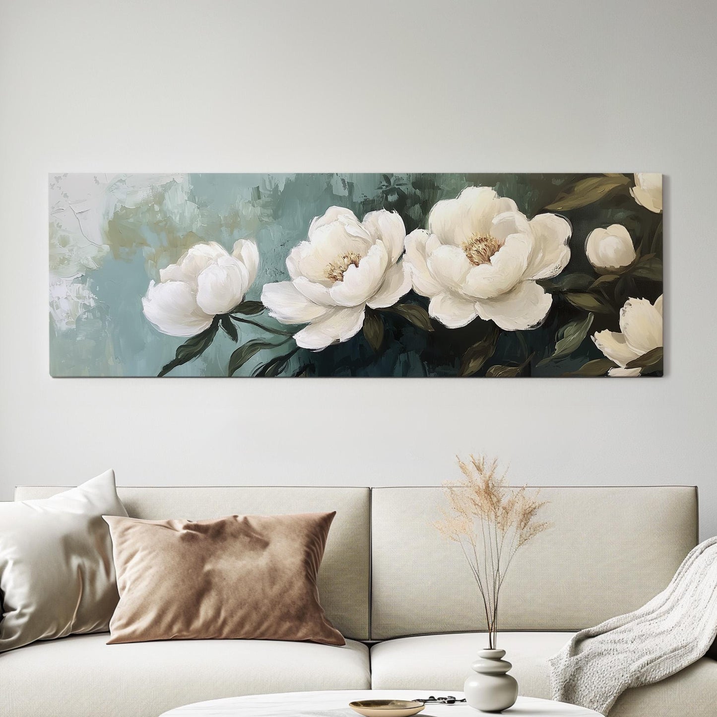 White Peonies Panoramic Abstract Peonies, Minimal Floral Charm Canvas Print, Green Farmhouse Printed Canvas Art