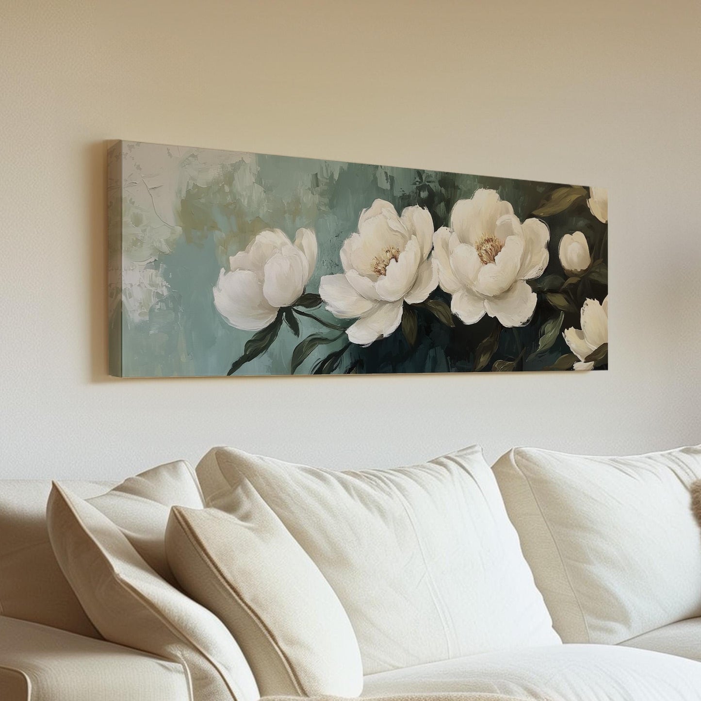 White Peonies Panoramic Abstract Peonies, Minimal Floral Charm Canvas Print, Green Farmhouse Printed Canvas Art