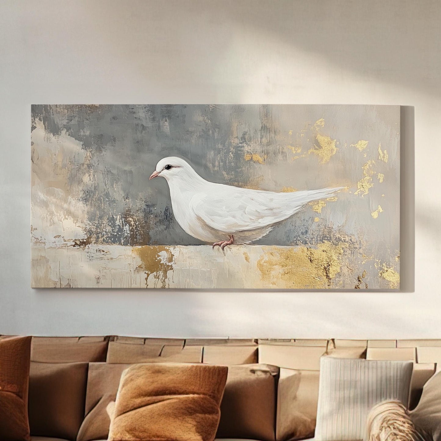 Abstract White Dove Lanscape Gold Colors, 2x1 Nature Calm Canvas Print, White Bird 20x60 Canvas Art