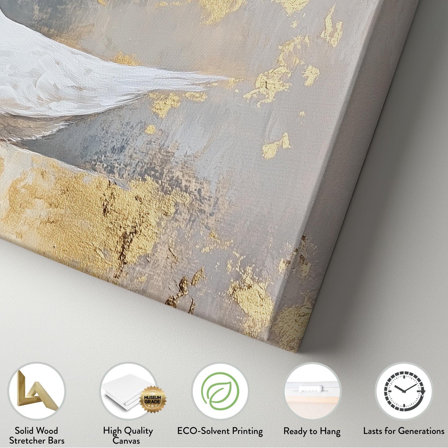 Abstract White Dove Lanscape Gold Colors, 2x1 Nature Calm Canvas Print, White Bird 20x60 Canvas Art
