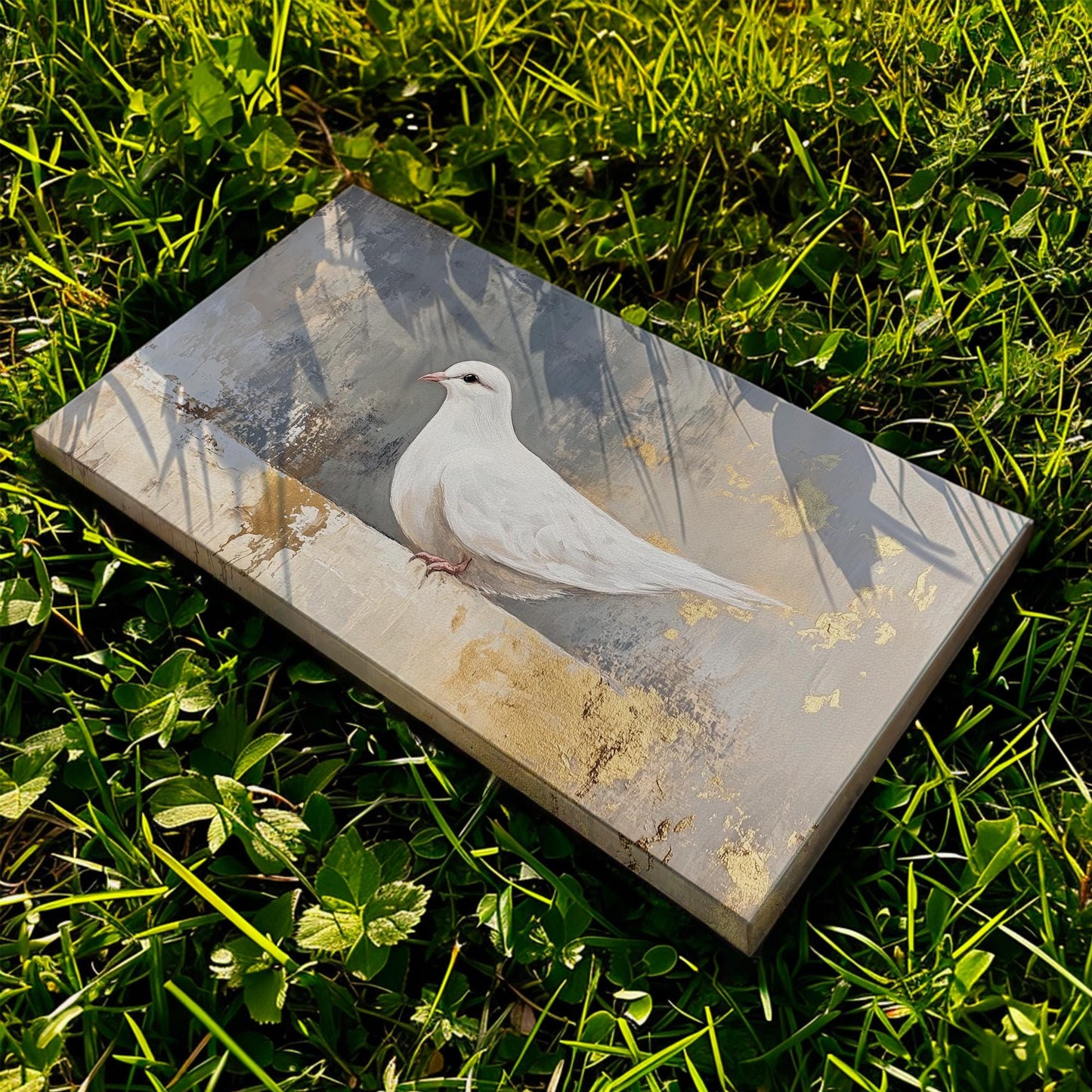 Abstract White Dove Lanscape Gold Colors, 2x1 Nature Calm Canvas Print, White Bird 20x60 Canvas Art
