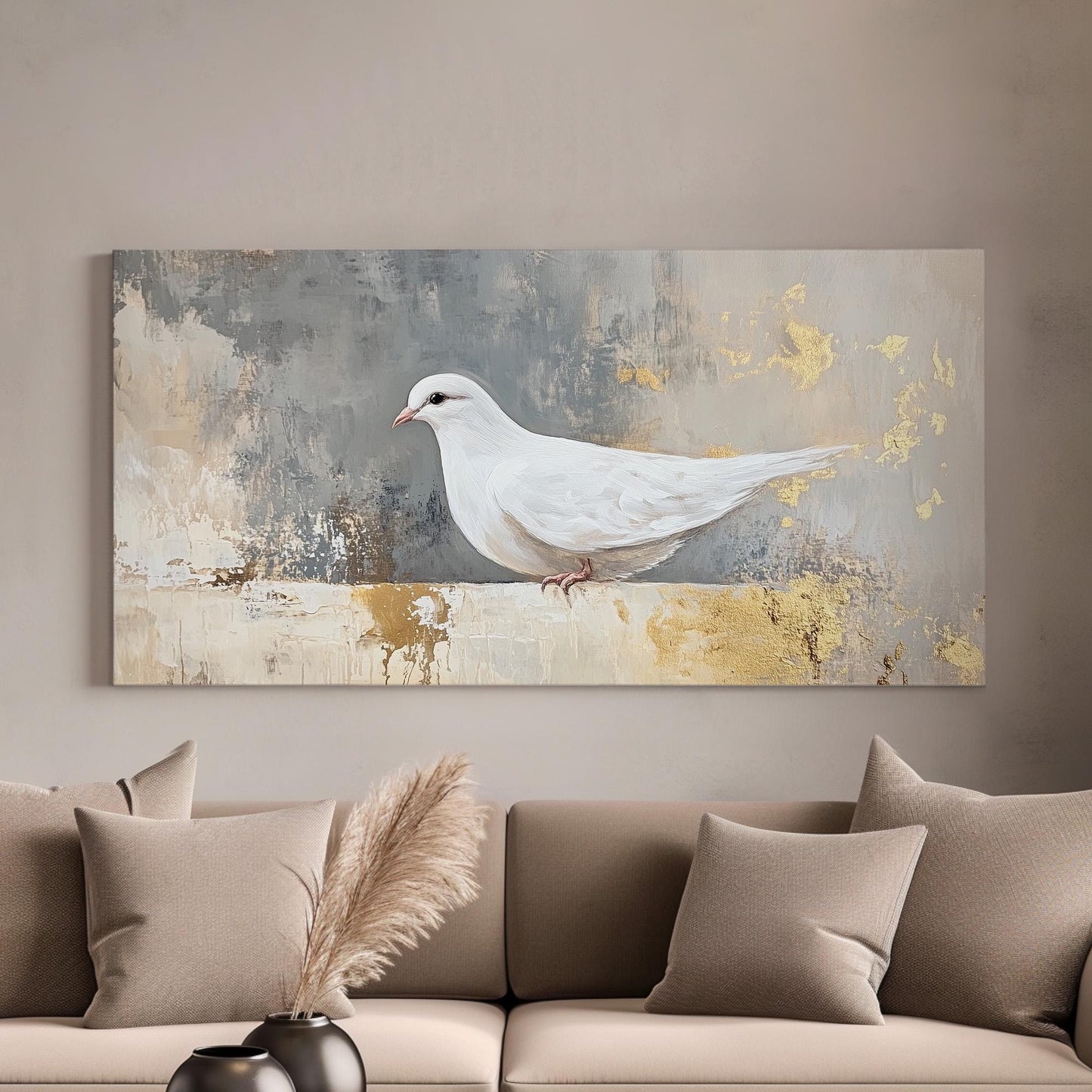 Abstract White Dove Lanscape Gold Colors, 2x1 Nature Calm Canvas Print, White Bird 20x60 Canvas Art