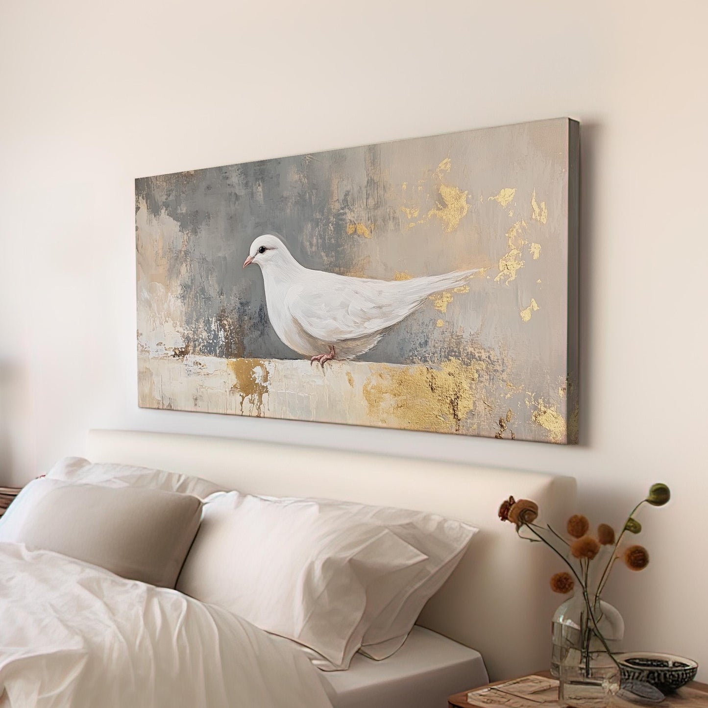Abstract White Dove Lanscape Gold Colors, 2x1 Nature Calm Canvas Print, White Bird 20x60 Canvas Art