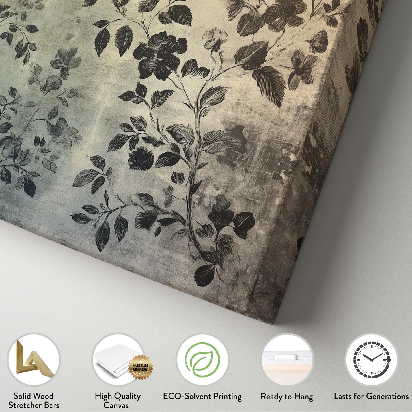 Antique Dark Flowers Lanscape Monochrome Textile, 2x1 Neutral Taperstry Canvas Print, Chrysanthemum 20x60 Canvas Art