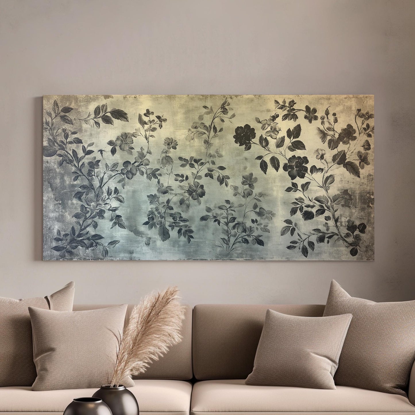 Antique Dark Flowers Lanscape Monochrome Textile, 2x1 Neutral Taperstry Canvas Print, Chrysanthemum 20x60 Canvas Art