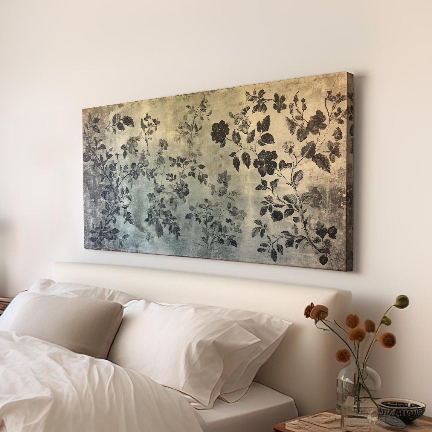 Antique Dark Flowers Lanscape Monochrome Textile, 2x1 Neutral Taperstry Canvas Print, Chrysanthemum 20x60 Canvas Art