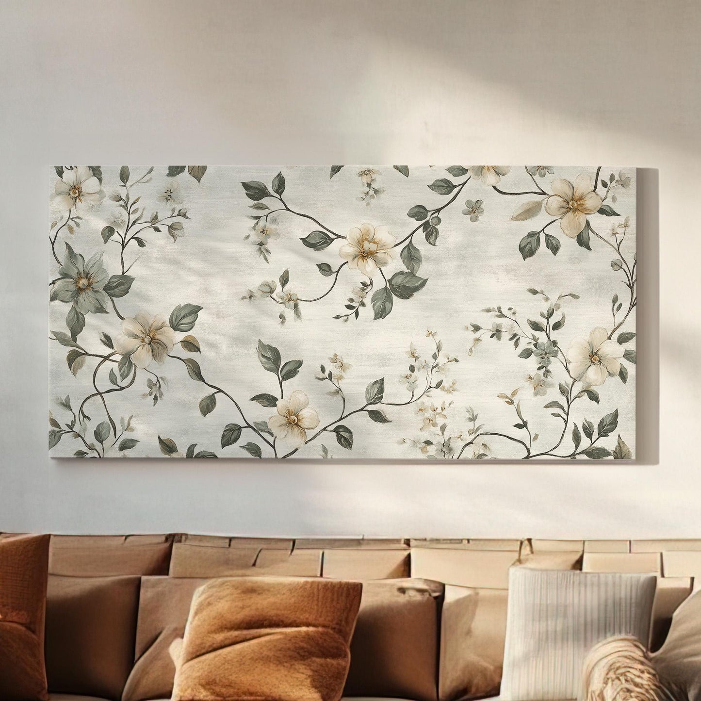 Antique White Flowers Lanscape Monochrome Textile, 2x1 Neutral Taperstry Canvas Print, Chrysanthemum 20x60 Canvas Art