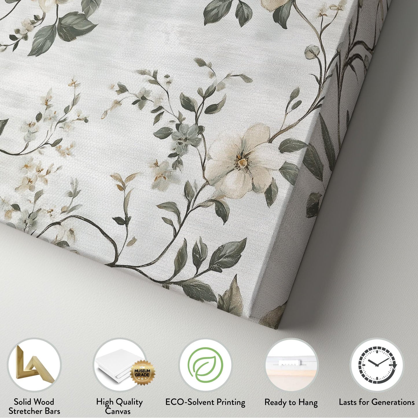 Antique White Flowers Lanscape Monochrome Textile, 2x1 Neutral Taperstry Canvas Print, Chrysanthemum 20x60 Canvas Art